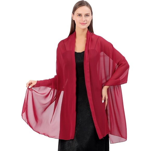 Women Wine Red Elegant Soft Sheer Chiffon Stole Bride Wedding Shawls and Wraps - Picture 5 of 7